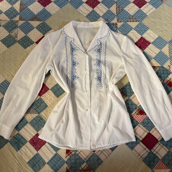 60s 70s Greek Boho Light Cotton Blend Embroider Needlepoint Button Up Blouse Med - Picture 1 of 13